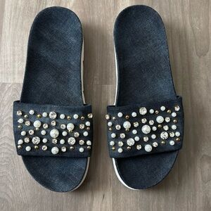 Stuart Weitzman Jeans Slides with Gems, US 7.5, lightly worn